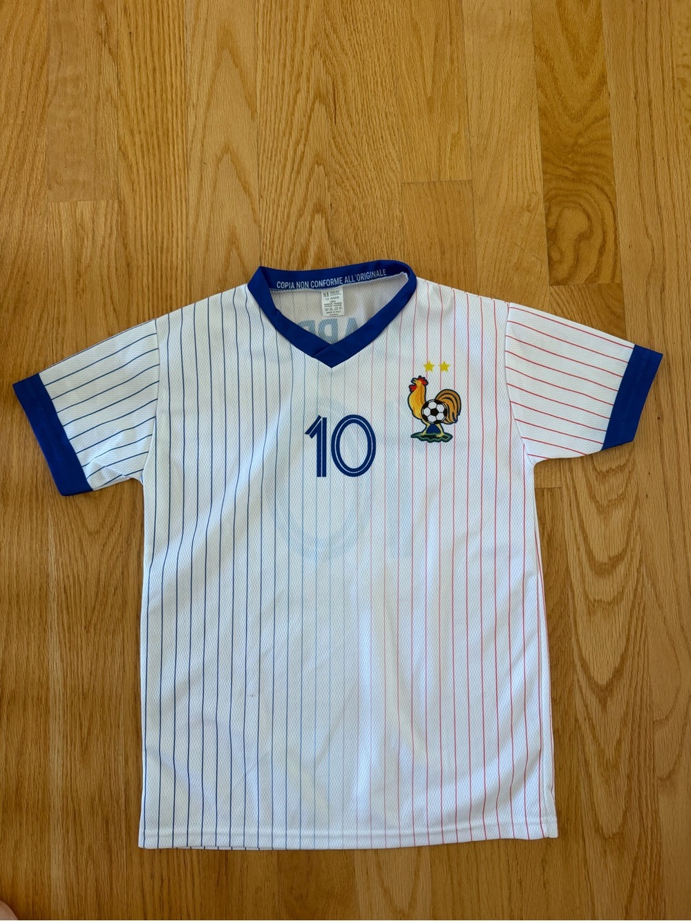 MBAPPE Kids White Soccer Jersey with Blue & Red Pinstripes